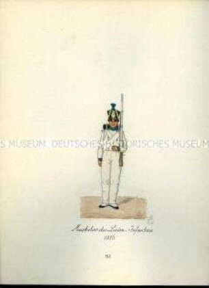 Uniformdarstellung, Musketier der Linien-Infanterie, 1816. Aus: Sammelmappe "Sachsens Militär", Königliche Arsenalsammlung.