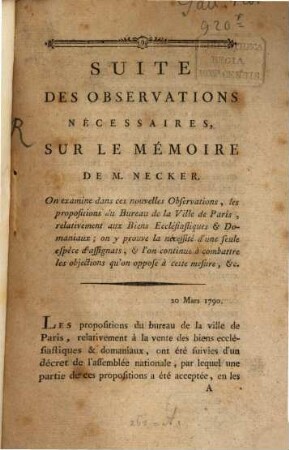 Suite des Observations necessaires sur le Memoire de M. Necker