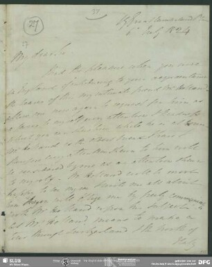 Eigenh. Brief von Alexander Johnston an August Wilhelm von Schlegel, London, 06.07.1824