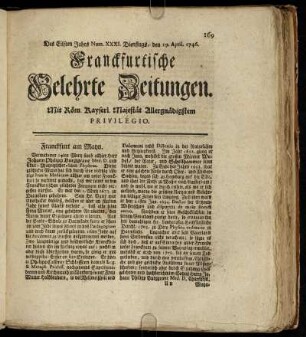Num. XXXI. Dienstags, den 19. April. 1746 - Num. XL. Freytags, den 10. Maji 1746