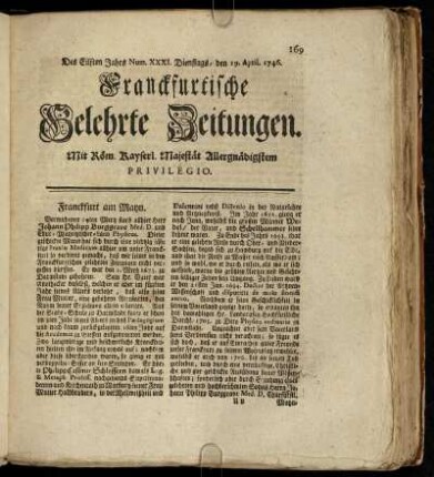 Num. XXXI. Dienstags, den 19. April. 1746 - Num. XL. Freytags, den 10. Maji 1746