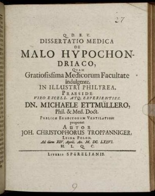 Dissertatio Medica De Malo Hypochondriaco