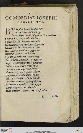 Comoediae Iosephi, Argvmentvm