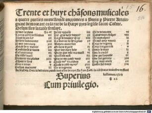 Trente et huit chãsons musicales/ a quatre parties : nouuellemẽt imprimees