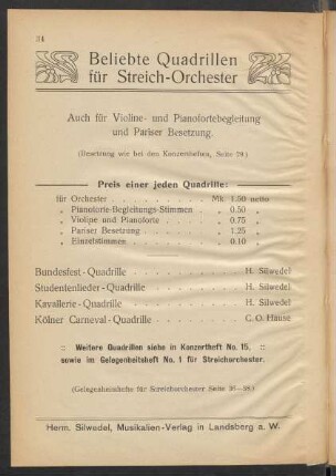 Beliebte Quadrillen für Streich-Orchester