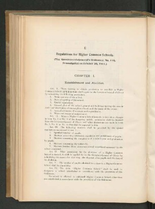 E Regulations for Higher Common Schools. (The Government-General's Ordinance No. 110, Promulgated on October 20, 1911.)
