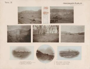 Kaschgar- Kurlia, Nordrand des Tarim-Beckens: links oben: Kutscha-Gebirge bei Subasche rechts oben: Arben der Expedition bei Dschurga westlich von Kutscha links Mitte: Talschlucht im Kutscha-Gebirge Mitte Mitte: Sartische Frauen in Subasche rechts Mitte: Station Kurgak im Kutscha-Gebirge links unten: Mohammedanischer Kirchhof bei Maral Mitte unten: Talschlucht im Kutscha-Gebirge rechts unten: Mohammedanische Grabstätte bei Saivam