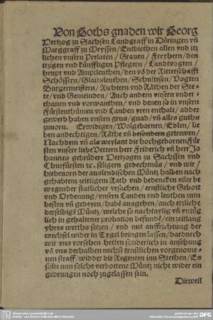 Von gots gnaden wir Georg Hertzog zu Sachsen Landgraff in Düringenn und Marggraff zu Meyssen ...