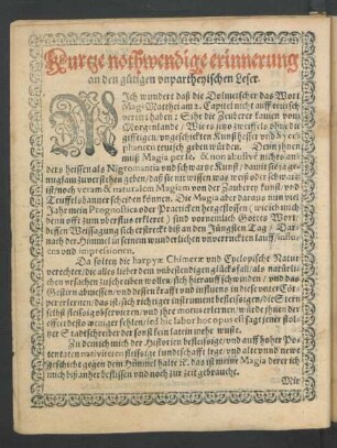 Kurtze nothwendige erinnerung an den gütigen unpartheyischen Leser.