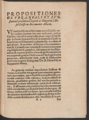 Propositiones De Vera, Reali Et Substantiali praesentia Corporis et Sanguinis Iesu Christi in Sacramento Altaris.