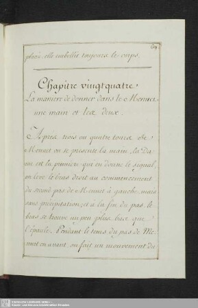 Chapitre vingtquatre. La maniere de donner dans le Menuet une main et les deux