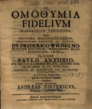 De Omothymia Fidelivm Dissertatio Theologica