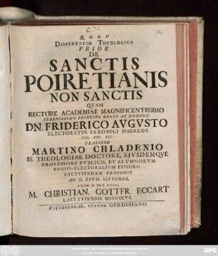 Diss. 1: Dissertatio Theologica Prior De Sanctis Poiretianis Non Sanctis