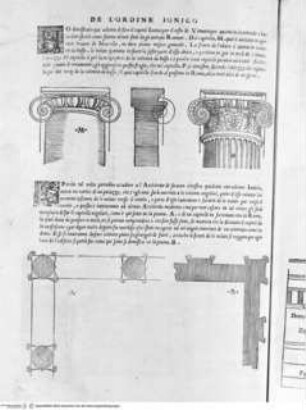 Regole generali di architettura di Sabastiano Serlio bolognese sopra le cinque maniere degli edifici, ... (4. Buch), Folio XXXVIII verso: Ionische Ordnung, Säule, Details; Innenhof oder Kreuzgang mit ionischen Säulen, Grundriss