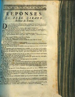 Reponses Du Pere Girard, Recteur de Toulon : Du 23. Fevrier 1731 & dans le Palais de cette Ville de Toulon ...