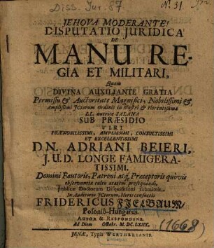 Disputatio iuridica de manu regia et militari