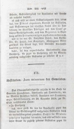 171. Restitution. Jura minorum der Gemeinden.