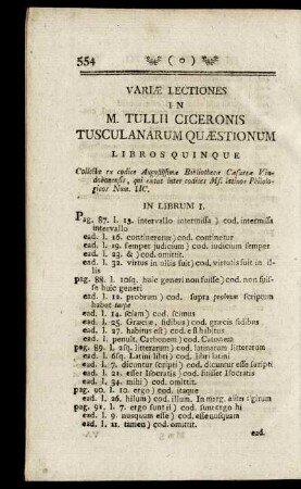 Variae Lectiones in M. Tullii Ciceronis Tusculanarum Quaestionum Libros Quinque.