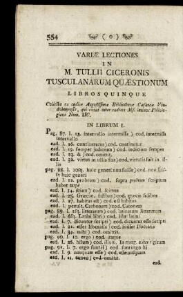 Variae Lectiones in M. Tullii Ciceronis Tusculanarum Quaestionum Libros Quinque.
