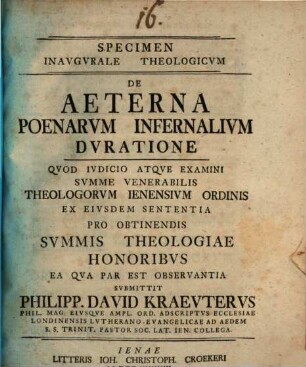 Specimen inaug. theol. de aeterna poenarum infernalium duratione
