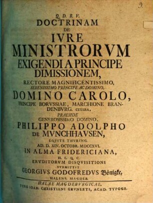 Doctrinam De Ivre Ministrorvm Exigendi A Principe Dimissionem