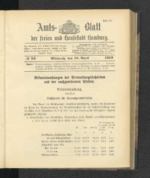 No.92, Mittwoch, den 16. April 1919