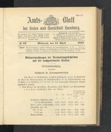 No.92, Mittwoch, den 16. April 1919