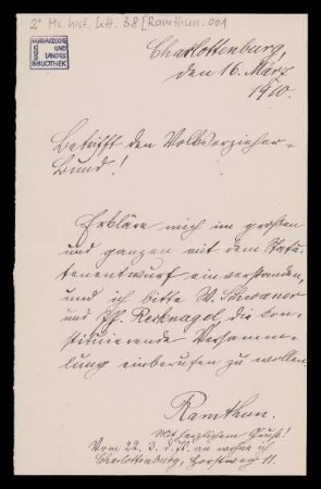 Brief von Reinhold Ramthun an Wilhelm Schwaner