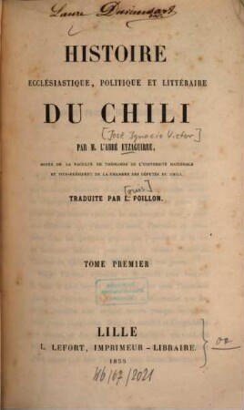 Histoire ecclésiastique, politique et littéraire du Chili : Trad. par L[ouis] Poillon. 1