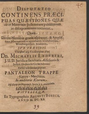 Disputatio Continens Praecipuas Quaestiones, Quae circa Materiam Iudiciorum publicorum in disceptationem vocantur