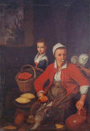 Zwei ländliche gekleidete Frauen mit Gemüse-u. Obstkörben (Kücheninterieur)