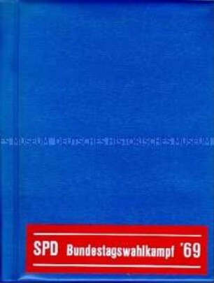 Mappe der SPD zur Bundestagswahl 1969 mit Kugelschreiber, Telephonverzeichnis, Hinweisen zur Briefwahl und Informationsmaterial zum Wahlkampf