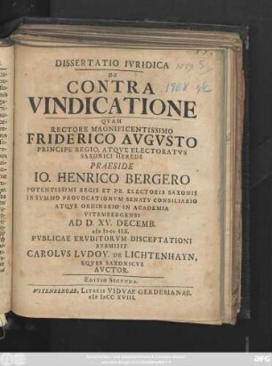 Dissertatio Ivridica De Contra Vindicatione