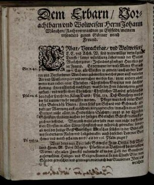 Dem Erbarn/ Vorachtbarn und Wolweisen Herrn Johann München/ [...]