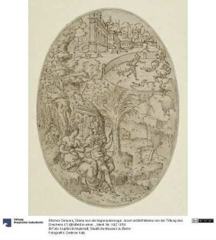 Szene aus der Argonautensage: Jason erzählt Medea von der Tötung des Drachens (?) (Bildfeld in einer ovalen Kartusche)
