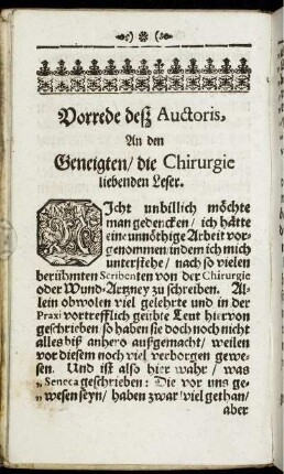 Vorrede deß Auctoris, An den Geneigtten/ die Chirurgie liebenden Leser.