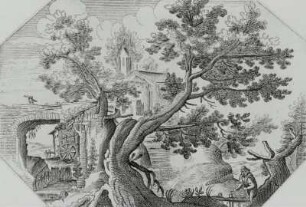 Landschaft mit einem alten Baum, im Hintergrund ein Wasserrad