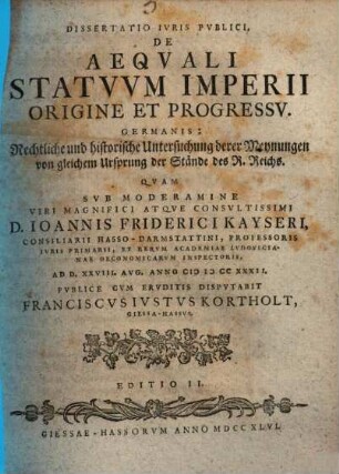 Diss. ... de aequali statuum Imperii origine et progressu