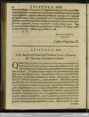 Epistola XIX. S. D. Inclyte & Generose Domine Comes, Domine & Patrone reverenter colende
