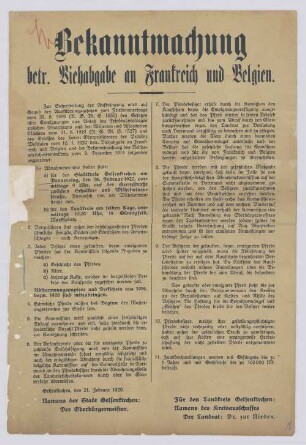 "Bekanntmachung betr. Viehabgabe an Frankreich und Belgien"