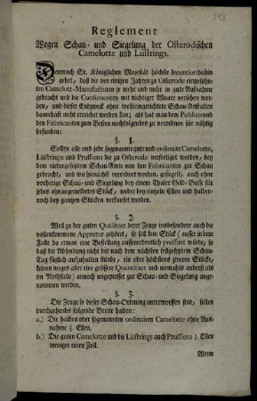 Reglement Wegen Schau- und Siegelung der Osterodischen Camelotte und Lüstrings ...