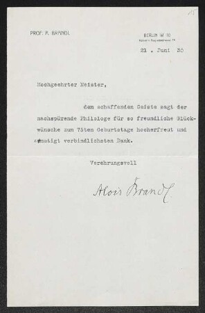Brief von Alois Brandl an Gerhart Hauptmann