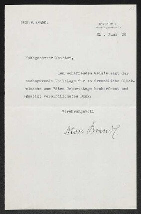 Brief von Alois Brandl an Gerhart Hauptmann