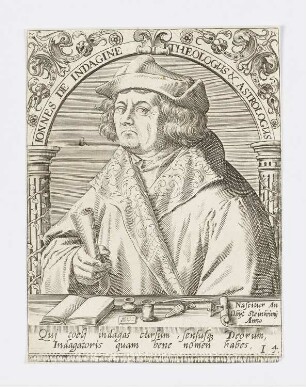 Ionnes de Indagine Theologus & Astrologus, aus: Jean-Jaques Boissard, "Icones quinquaginta virorum illustrium doctrina & eruditione praestantium ad vivum effictae", Frankfurt am Main 1597–1599