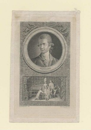 "Werther". Idealportrait Werthers in Medaillon, darunter Szene mit Werthers Abschied von Albert und Lotte