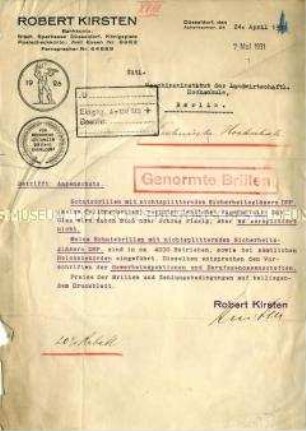 Geschäftsschreiben an das Maschinentechnische Institut der landwirtschaftlichen Hochschule bezüglich eines Angebotes von Schutzbrillen