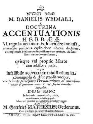 Torat ṭaʿame ha-miḳra : M. Danielis Weimari s. Doctrina accentuationis Hebraeae VI regulis accurate ÿ& succincte inclusa.../ Ipsam Hanc instauravit ; Gottfried Mathesius adjutor