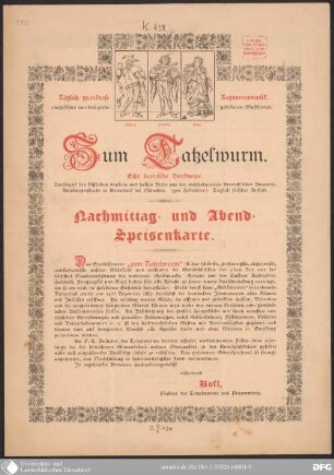Zum Tatzelwurm, echt bayrische Bierkneipe : Nachmittag- und Abend-Speisenkarte ; [Dezemberfest der Künstlervereinigung Malkasten, Düsseldorf, in der Tonhalle]