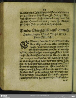 Von der Bürgschafft, auff einmahl Hundert tausent Schock Meißn. für die Unter Osterreicher