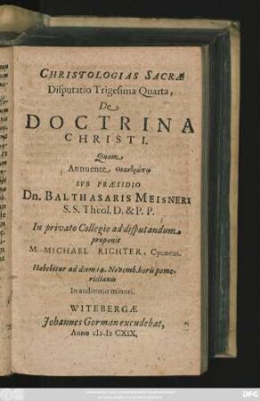 Christologias Sacrae Disputatio Trigesima Quarta, De Doctrina Christi